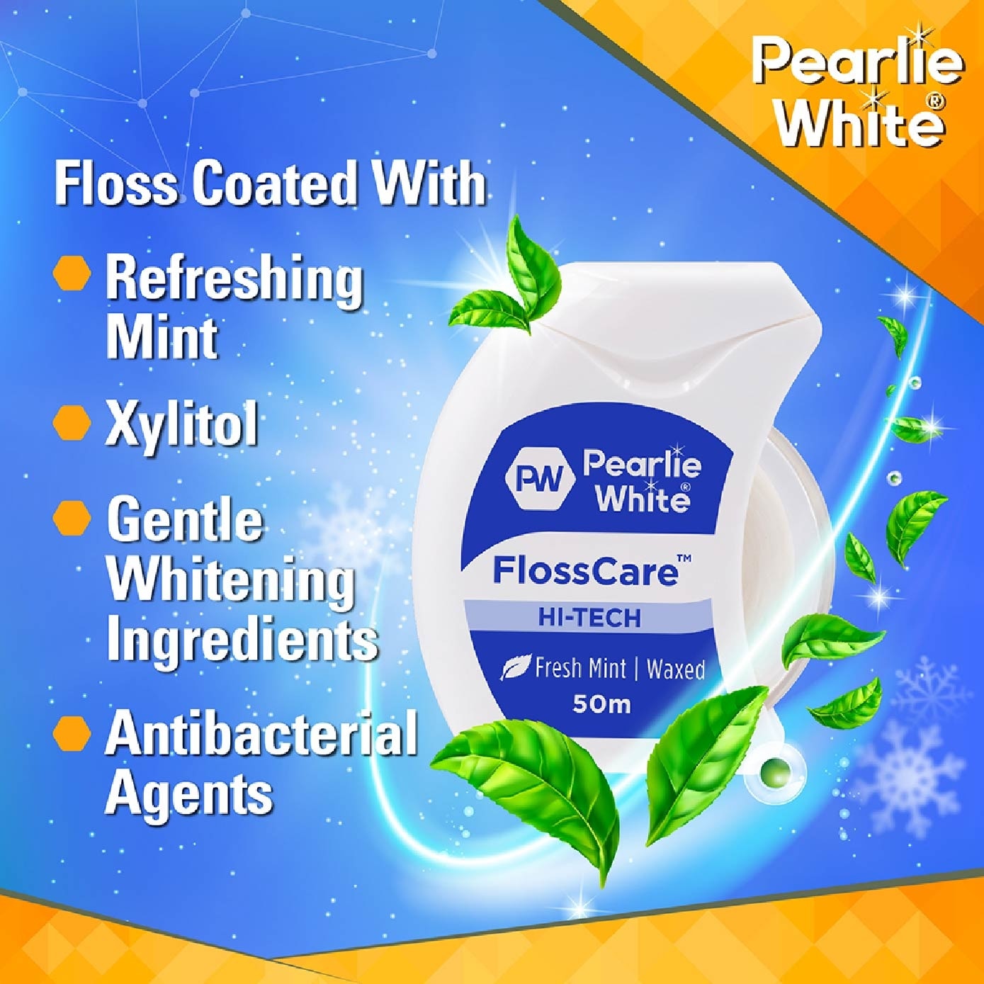 Pearlie White FlossCare Hi-Tech Waxed Fresh Mint Dental Floss 50m<BR>