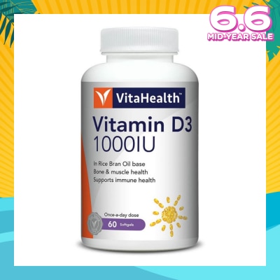 VITAHEALTH Vitamin D3 1000IU Softgels (Support Immune, Bone & Muscle Health) 60s