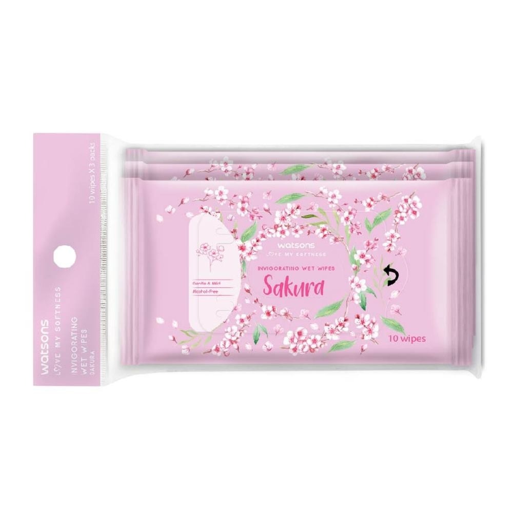 Sakura Invigorating Wet Wipes Alcohol Free Gentle & Mild 10s x 3 pack