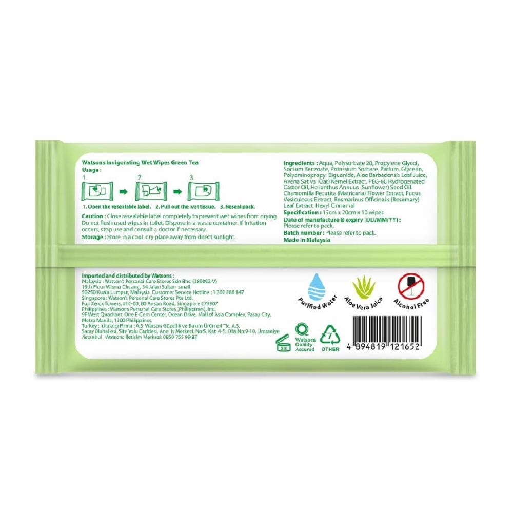 Green Tea Invigorating Wet Wipes Alcohol Free Gentle & Mild 10s x 3 pack