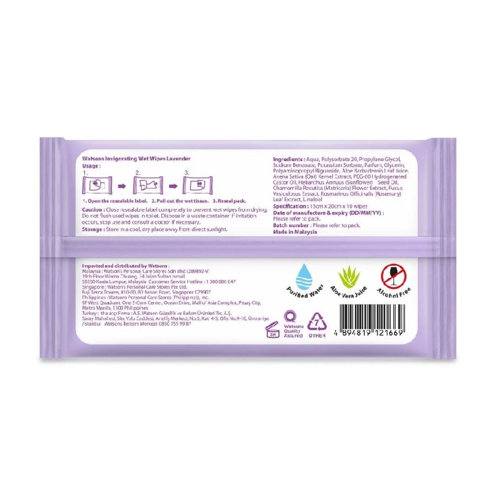 Lavender Invigorating Wet Wipes Alcohol Free Gentle & Mild 10s x 3 pack