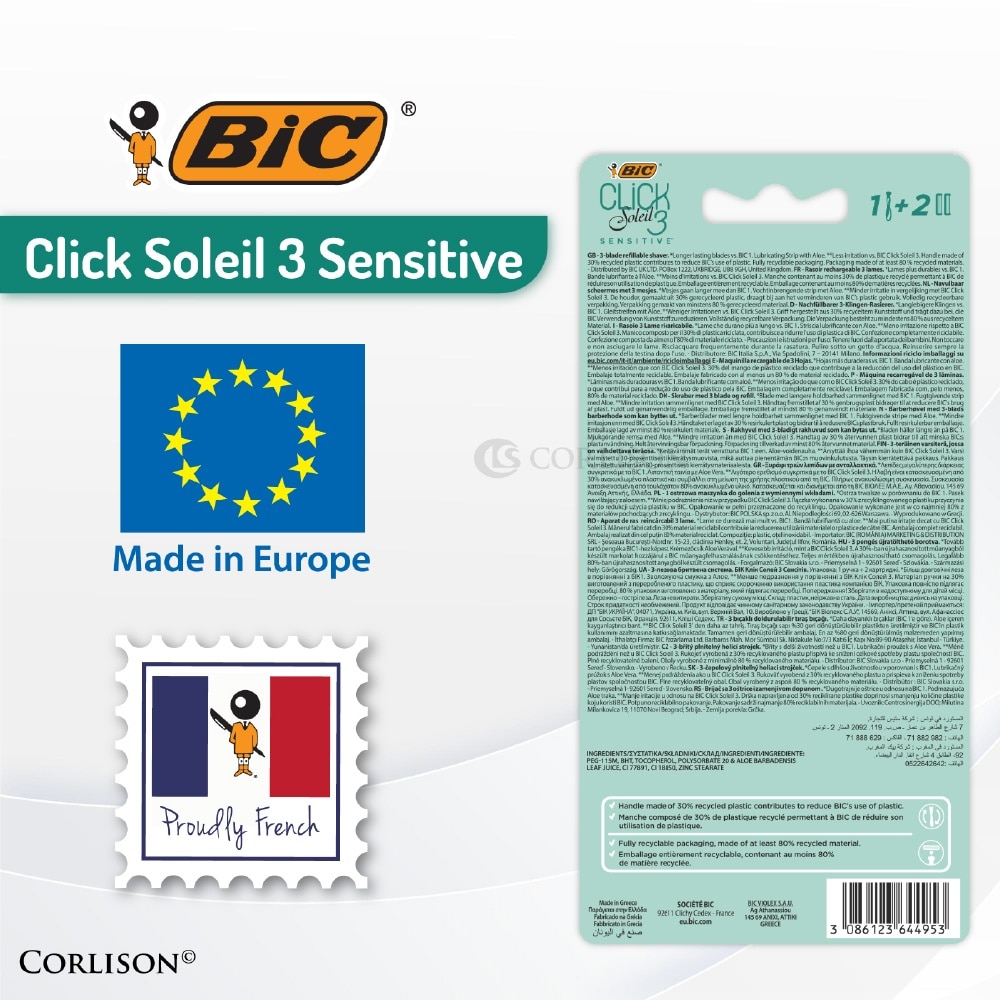 Click Soleil 3 Sensitive Shaver consists Handle 1s + Triple-Blade Shaver 2s
