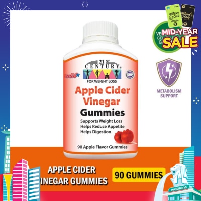 21ST CENTURY Apple Cider Vinegar Gummies Apple Flavour Vegetarian Gelatin Free (Support Weight Loss Reduce Appetite & Digestion) 90s