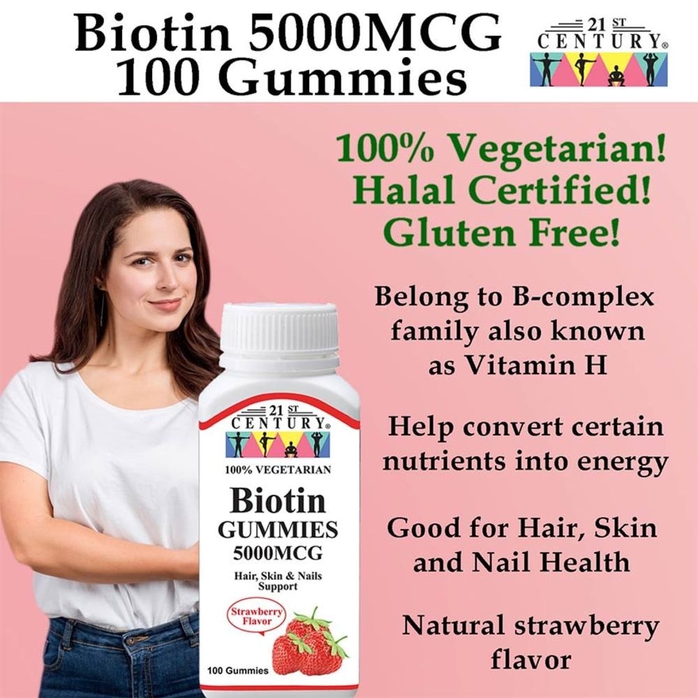 Biotin 5000MCG Gummies Strawberry Flavour Vegetarian Gelatin Free (For Hair Skin & Nail Support) 100s