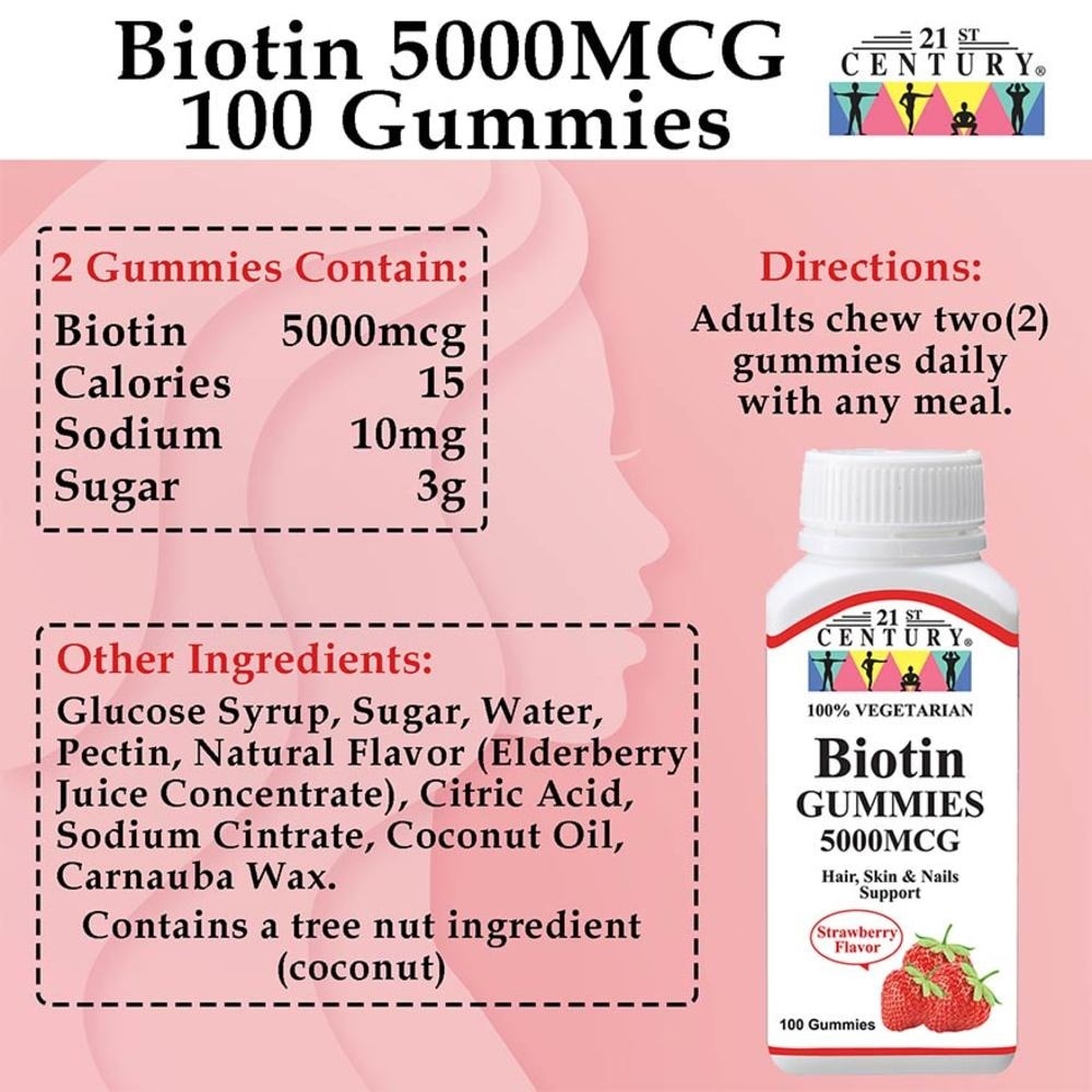 Biotin 5000MCG Gummies Strawberry Flavour Vegetarian Gelatin Free (For Hair Skin & Nail Support) 100s