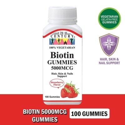 21ST CENTURY Biotin 5000MCG Gummies Strawberry Flavour Vegetarian Gelatin Free (For Hair Skin & Nail Support) 100s