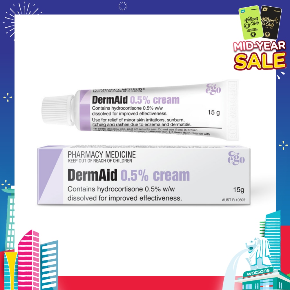 DermAid 0.5% Cream (Use For Relief Of Minor Skin Irritations, Sunburn, Itching & Rashes Due To Eczema & Dermatitis) 15g