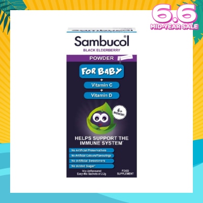 SAMBUCOL Black Elderberry Vitamin C + Vitamin D Unflavoured Easy Mix Powder Sachets for Baby 2.2g (Help Support Immune System) 14s