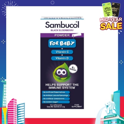 SAMBUCOL Black Elderberry Vitamin C + Vitamin D Unflavoured Easy Mix Powder Sachets for Baby 2.2g (Help Support Immune System) 14s