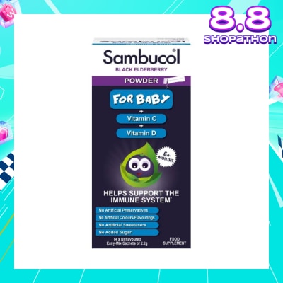 SAMBUCOL Black Elderberry Vitamin C + Vitamin D Unflavoured Easy Mix Powder Sachets for Baby 2.2g (Help Support Immune System) 14s