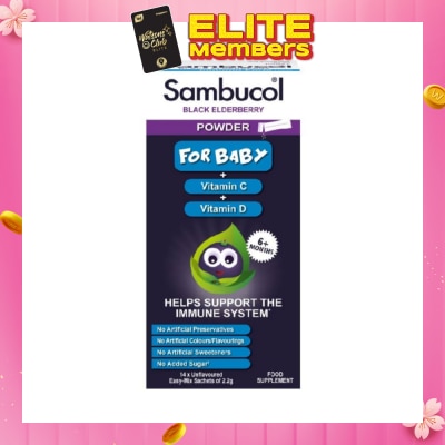 SAMBUCOL Black Elderberry Vitamin C + Vitamin D Unflavoured Easy Mix Powder Sachets for Baby 2.2g (Help Support Immune System) 14s
