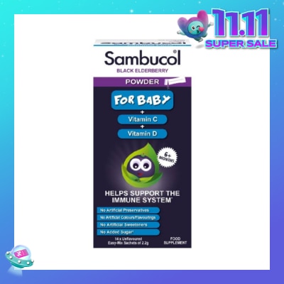 SAMBUCOL Black Elderberry Vitamin C + Vitamin D Unflavoured Easy Mix Powder Sachets for Baby 2.2g (Help Support Immune System) 14s