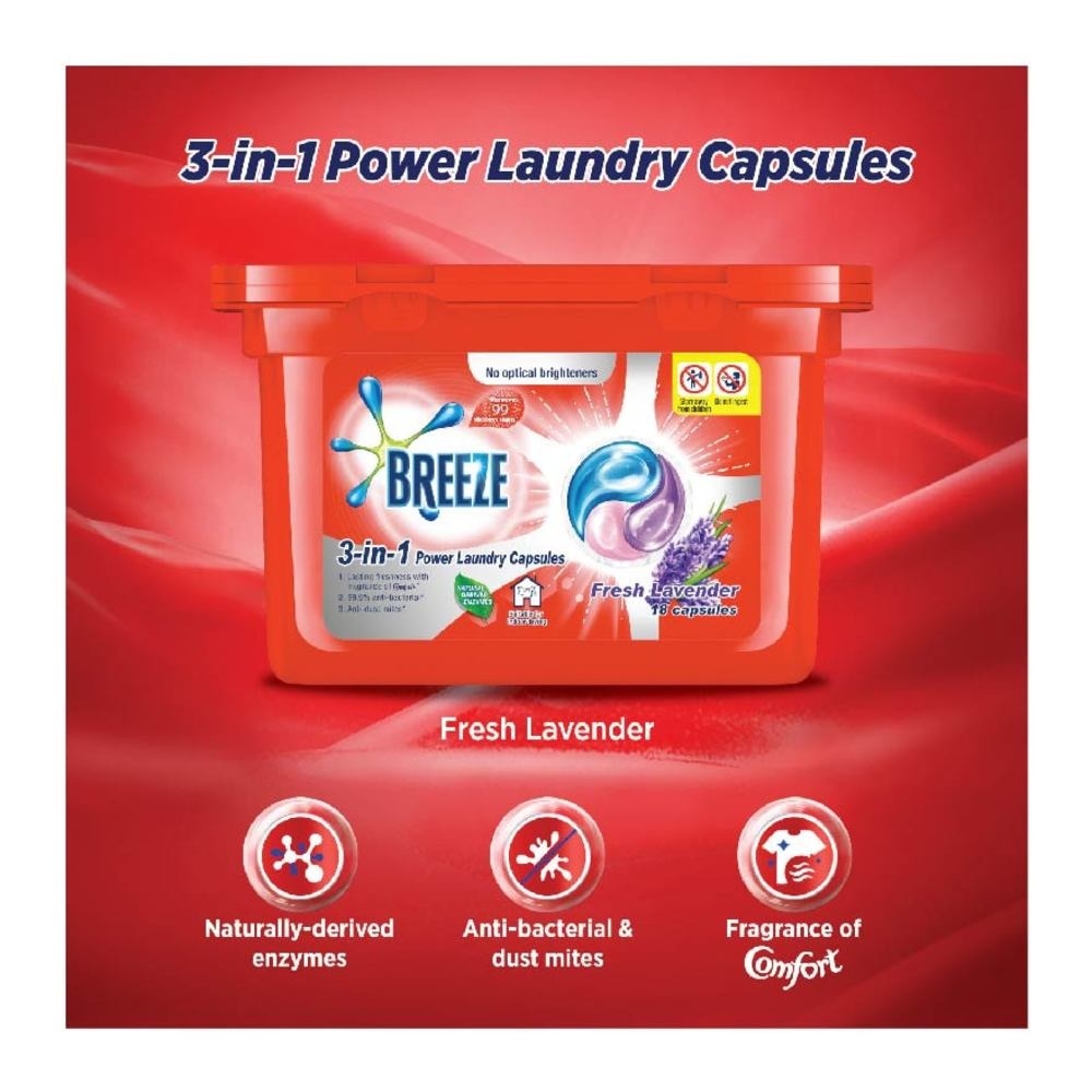 Breeze 3-in-1 Fresh Lavender Power Laundry Capsules 18s