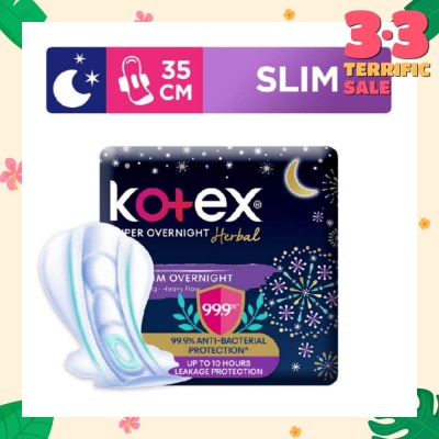 KOTEX Super Overnight Herbal Slim Sanitary Pad 35cm 99.9% Anti-Bacterial Up to 10hrs Leakage Protection (For Heavy Flow) 12s