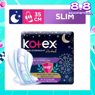 KOTEX Super Overnight Herbal Slim Sanitary Pad 35cm 99.9% Anti-Bacterial Up to 10hrs Leakage Protection (For Heavy Flow) 12s