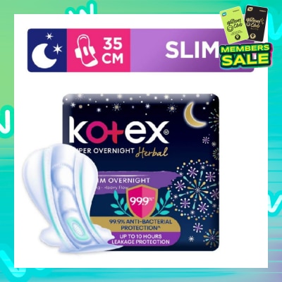 KOTEX Super Overnight Herbal Slim Sanitary Pad 35cm 99.9% Anti-Bacterial Up to 10hrs Leakage Protection (For Heavy Flow) 12s
