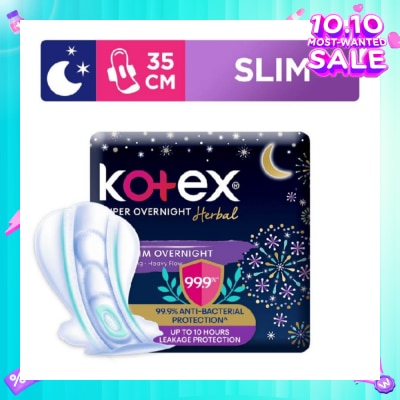KOTEX Super Overnight Herbal Slim Sanitary Pad 35cm 99.9% Anti-Bacterial Up to 10hrs Leakage Protection (For Heavy Flow) 12s