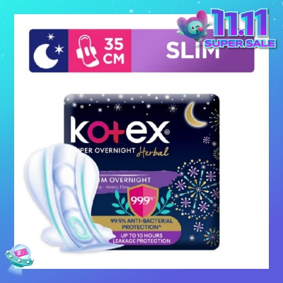 KOTEX Super Overnight Herbal Slim Sanitary Pad 35cm 99.9% Anti-Bacterial Up to 10hrs Leakage Protection (For Heavy Flow) 12s