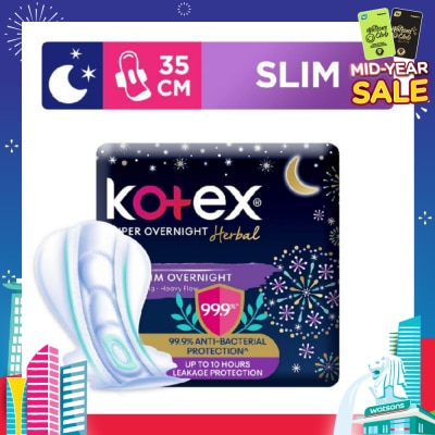 KOTEX Super Overnight Herbal Slim Sanitary Pad 35cm 99.9% Anti-Bacterial Up to 10hrs Leakage Protection (For Heavy Flow) 12s