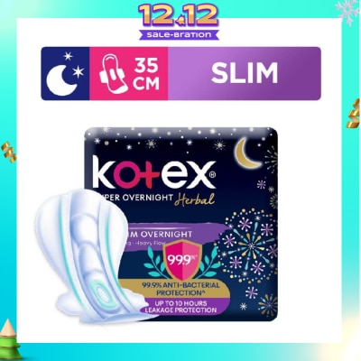 KOTEX Super Overnight Herbal Slim Sanitary Pad 35cm 99.9% Anti-Bacterial Up to 10hrs Leakage Protection (For Heavy Flow) 12s