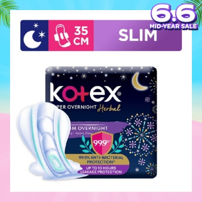 KOTEX Super Overnight Herbal Slim Sanitary Pad 35cm 99.9% Anti-Bacterial Up to 10hrs Leakage Protection (For Heavy Flow) 12s