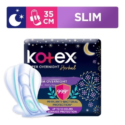 KOTEX Super Overnight Herbal Slim Sanitary Pad 35cm 99.9% Anti-Bacterial Up to 10hrs Leakage Protection (For Heavy Flow) 12s