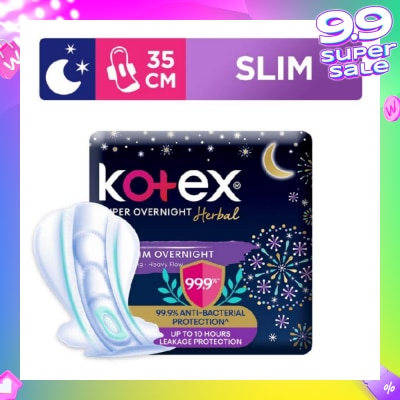 KOTEX Super Overnight Herbal Slim Sanitary Pad 35cm 99.9% Anti-Bacterial Up to 10hrs Leakage Protection (For Heavy Flow) 12s