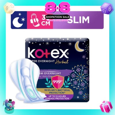 KOTEX - Super Overnight Herbal Slim Sanitary Pad 35cm 99.9% Anti-Bacterial Up to 10hrs Leakage Protection (For Heavy Flow) 12s