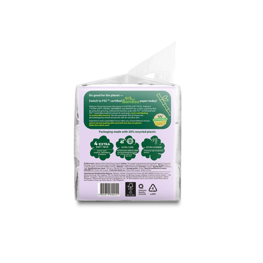 100% Bamboo Velvet Facial Travel Tissue M Sheet (154mm x 195mm) 3 Ply 50s x 4