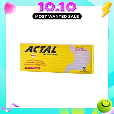 ACTAL Plus Fast Acting Antacid Tablets (Relieves Gastric Pain, Heartburn & Stomach Discomfort) 20s image