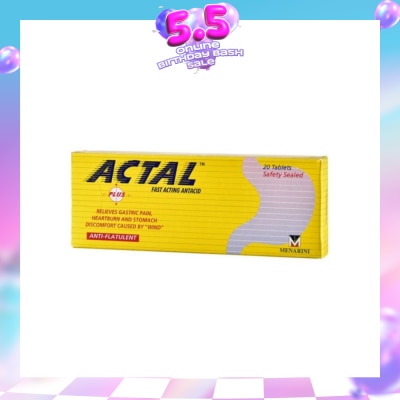 ACTAL - Plus Fast Acting Antacid Tablets (Relieves Gastric Pain, Heartburn & Stomach Discomfort) 20s