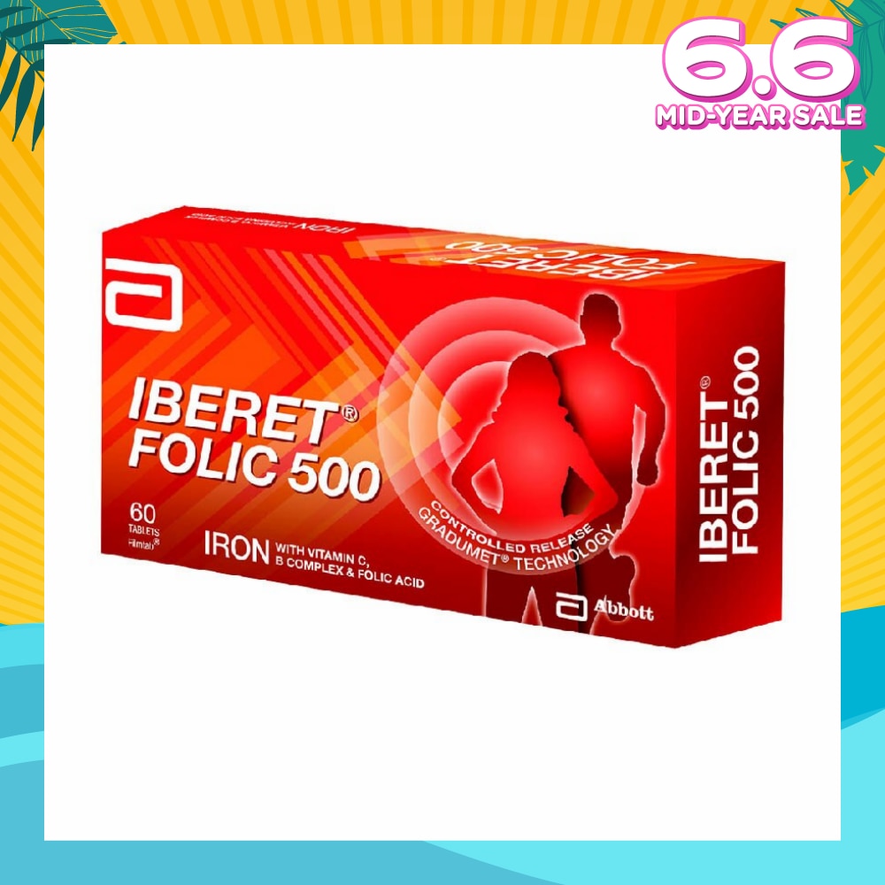 Iberet Folic 500 Iron with Vitamin BC & Folic Acid Tablets (Promote Iron Absorption) 60s