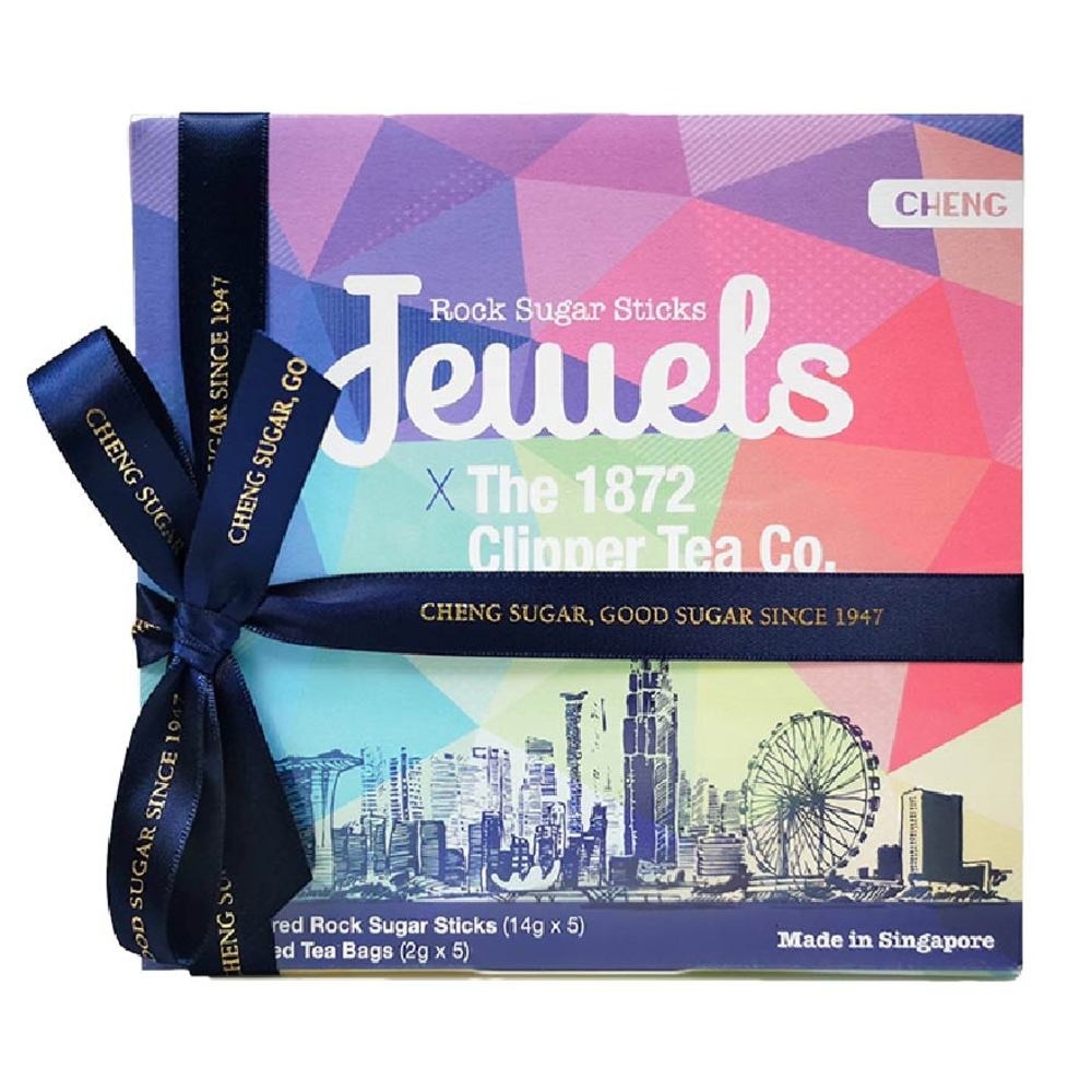 JEWEL ROCK SUGAR Rock Sugar Stick 5s + The 1872 Clipper Tea Co. Tea Bags 5g (Passion Fruit + Earl Grey + English Breakfast + Green Tea + Chamomile Tea) Gift Box 80g