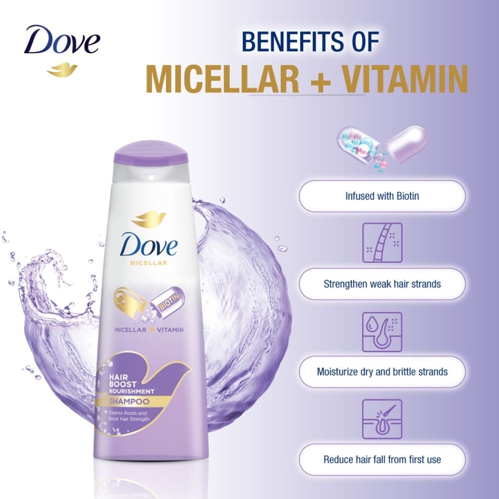 Dove Hair Boost Nourishment Micellar Shampoo 340ml (For Oily Roots, Weak Hair)<BR>