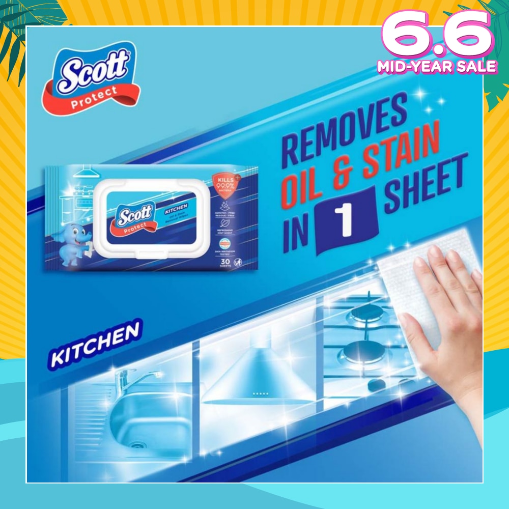 Protect Kitchen Oil & Stain Removal Anti-Bacterial Wet Wipes Kills 99.9% Bacteria 30s