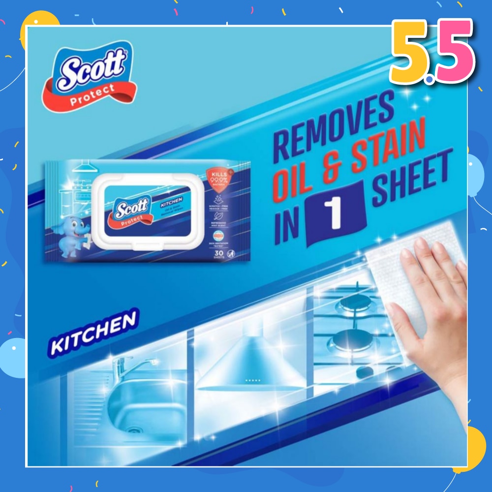 Protect Kitchen Oil & Stain Removal Anti-Bacterial Wet Wipes Kills 99.9% Bacteria 30s