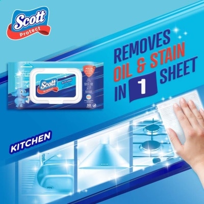 SCOTT Protect Kitchen Oil & Stain Removal Anti-Bacterial Wet Wipes Kills 99.9% Bacteria 30s