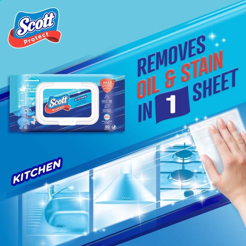 Protect Kitchen Oil & Stain Removal Anti-Bacterial Wet Wipes Kills 99.9% Bacteria 30s