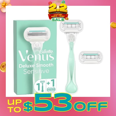 GILLETTE VENUS Deluxe Smooth Sensitive Women's Razor Packset consists Handle 1s + Refill 2s (Designed to Avoid Rust)