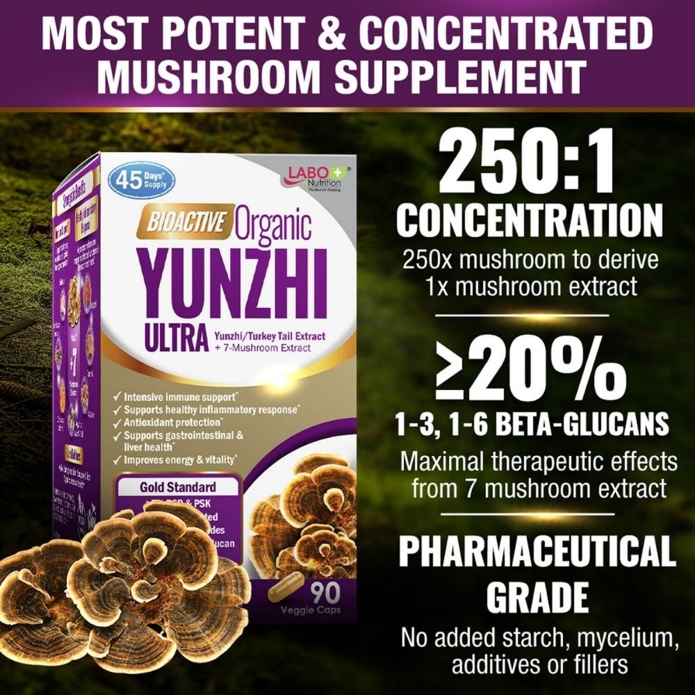 Bioactive Organic Yunzhi Ultra Dietary Supplement Veggie Capsule (For Intensive Immune Support & Recovery) 90s