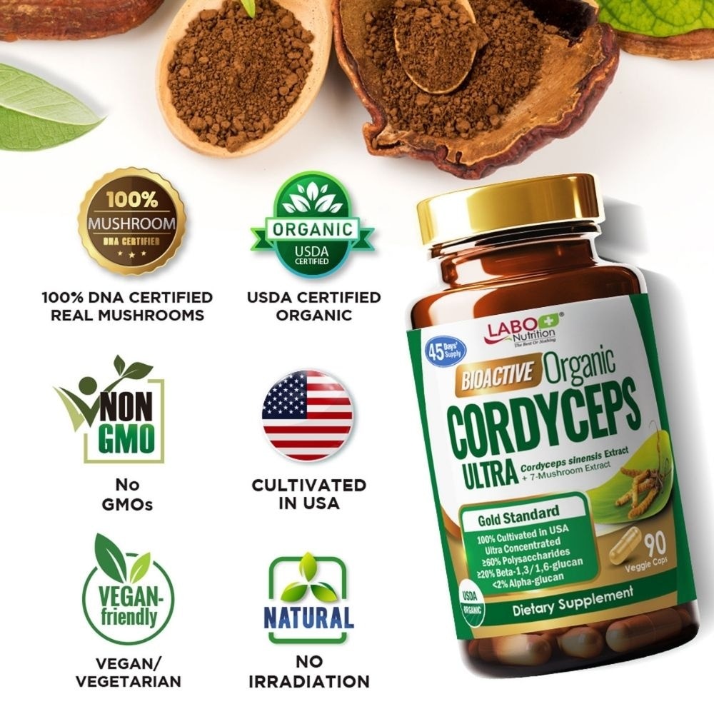 Bioactive Organic Cordyceps Ultra with 7 Mushroom Extracts Veggie Capsule (Energy Respiratory & Immune Support) 90s image