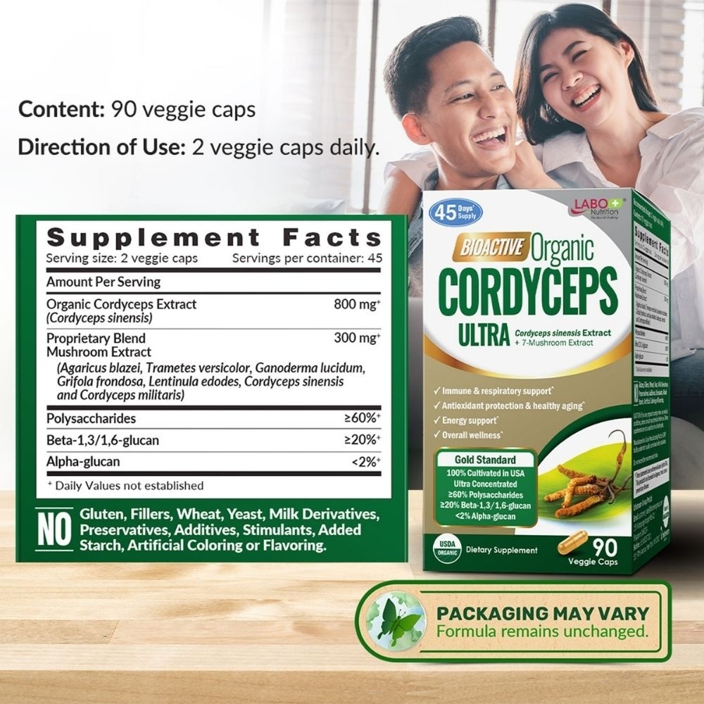 Bioactive Organic Cordyceps Ultra with 7 Mushroom Extracts Veggie Capsule (Energy Respiratory & Immune Support) 90s image