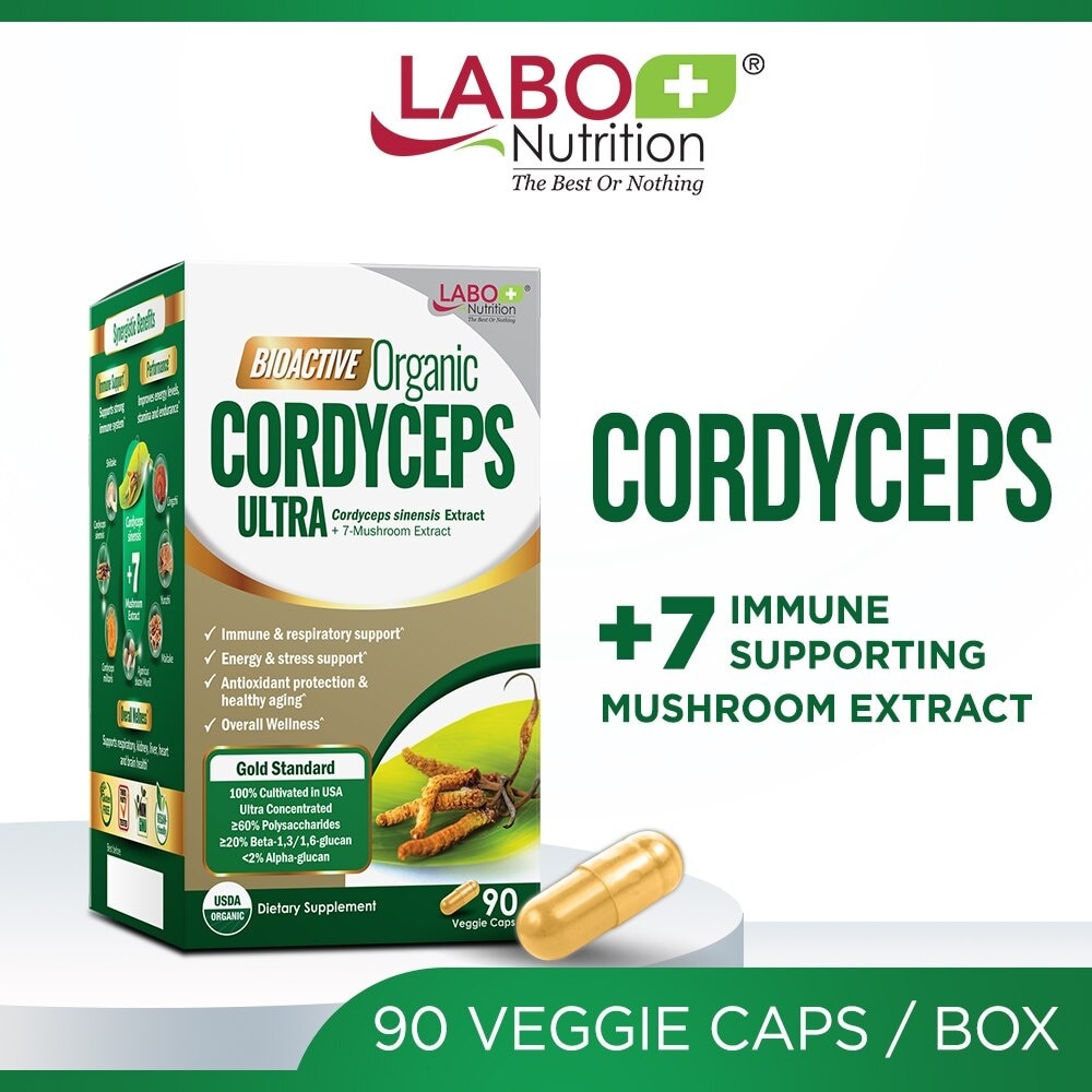 Bioactive Organic Cordyceps Ultra Dietary Supplement (7 Mushroom Extracts for Respiratory And Immune Health) 90s