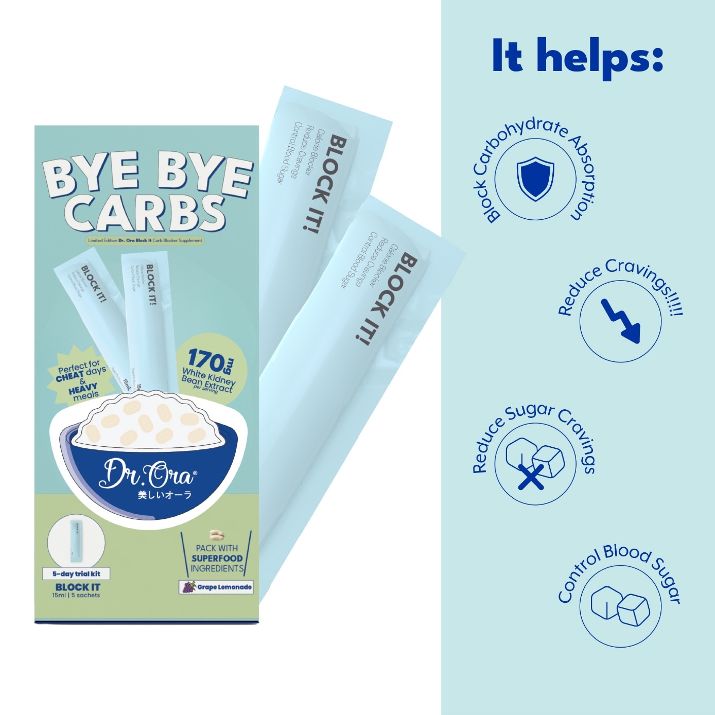 Bye Bye Carbs Block It! Diabetic Friendly Carb Blocker Grape Lemonade Sachet 15ml x 5s