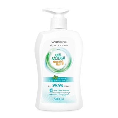 WATSONS Anti-Bacterial Gel Hand Wash Cooling Mint (Kills 99.9% Germs + 12hrs Odour Protection + pH Balanced) 500ml