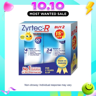 ZYRTEC No.1 Rapid Relief Oral Antihistamine Solution Banana Flavour Packset (Suitable for Above 2yrs Old) 75ml x 2s image