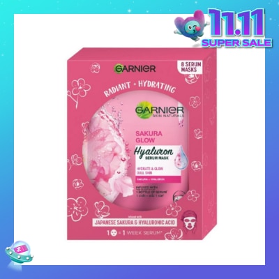 GARNIER Hydra Bomb Sakura Glow Super Hydrating Pinkish Glow Serum Mask Sheets (For Dull Skin Lacking Glow) 8s