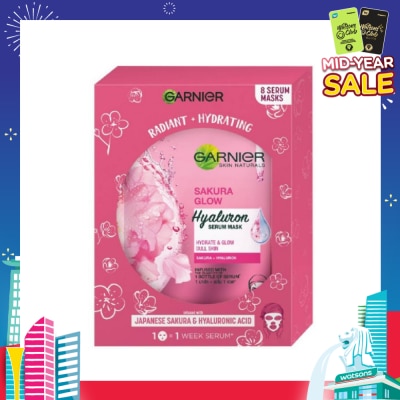 GARNIER Hydra Bomb Sakura Glow Super Hydrating Pinkish Glow Serum Mask Sheets (For Dull Skin Lacking Glow) 8s