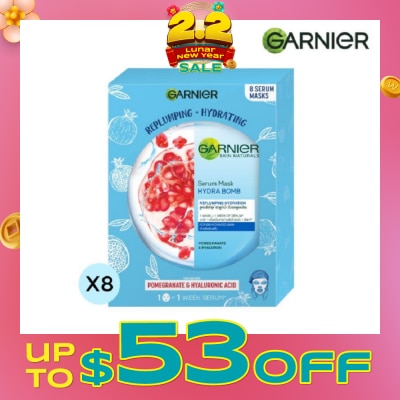 GARNIER Hydra Bomb Pomegranate Super Hydrating Replumping Serum Mask Sheets (For Dehydrated Skin) 8s