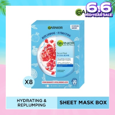 GARNIER Hydra Bomb Pomegranate Super Hydrating Replumping Serum Mask Sheets (For Dehydrated Skin) 8s